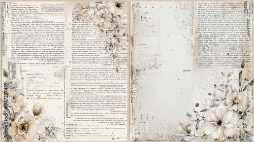Vintage floral collage on aged paper with abstract text, grunge texture, and sepia tones, creating a nostalgic background for scrapbooking and creative design projects