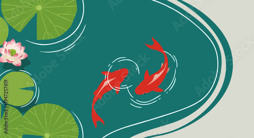 Two Red Koi Fish Swimming in a Serene Green Pond with Green Lily Pads and a Pink Lotus Flower Vector Illustration