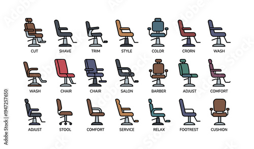 Barber chairs and salon equipment collection in various styles and colors