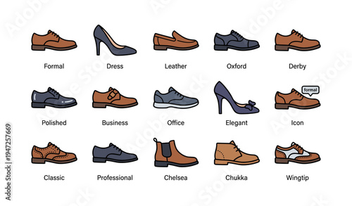 Variety of men's and women's formal shoes collection featuring different styles and designs