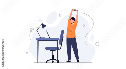 Man stretching arms at desk, office worker break, healthy lifestyle, remote work concept