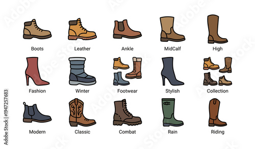 Diverse collection of boots featuring various styles and heights
