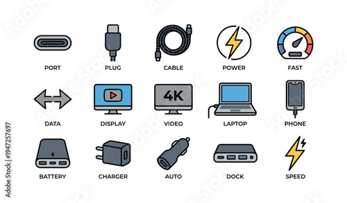 Technology icons collection: port, plug, cable, power, speed, data, display, laptop, phone