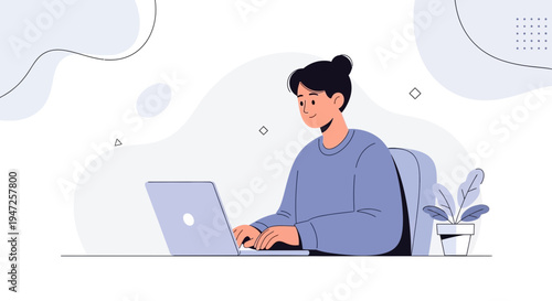 Young person working on a laptop at a desk with a plant, modern flat illustration