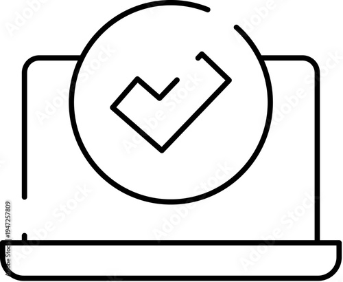 Laptop computer presenting an outline checkmark symbol inside a circle, an icon communicating concepts of approval, verification, completion, consent, and correctness in digital technology