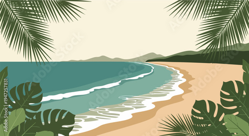 Tropical Beach Landscape Vector Illustration with Palm Leaves and Monstera Framing a Sandy Shoreline and Blue Ocean Waves, Ideal for Summer Travel and Vacation Backgrounds