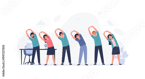 Office workers doing stretching exercises together, promoting wellness and team building.