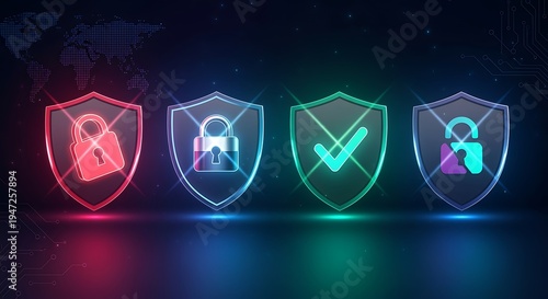 Four colorful shield icons representing cybersecurity and data protection with lock and scissors symbols on digital background