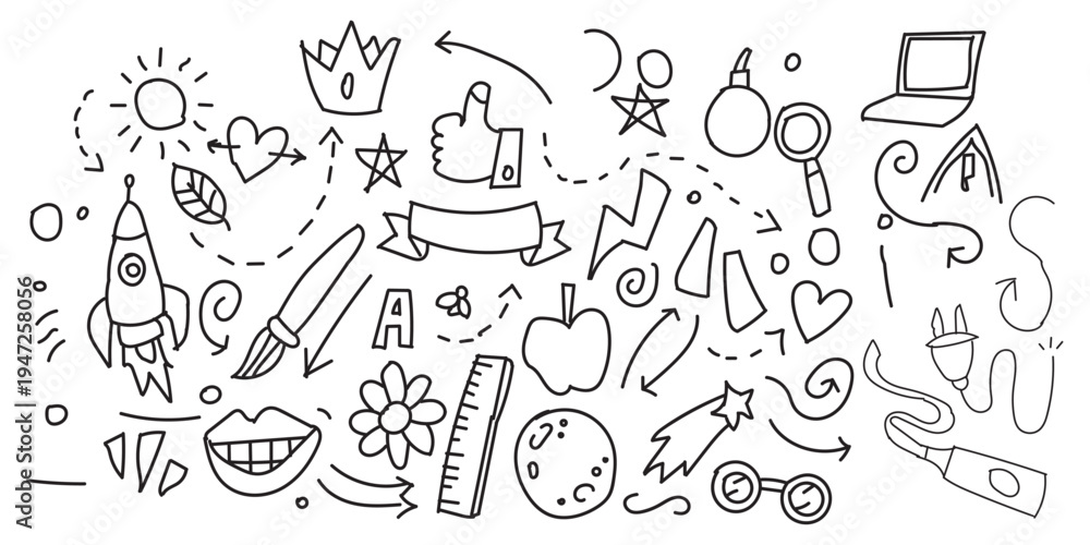Obraz premium A collection of whimsical doodles and icons on a white background
