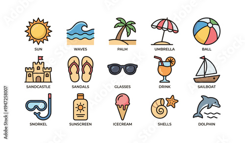 Summer beach icons set featuring sun, waves, palm, umbrella, and more