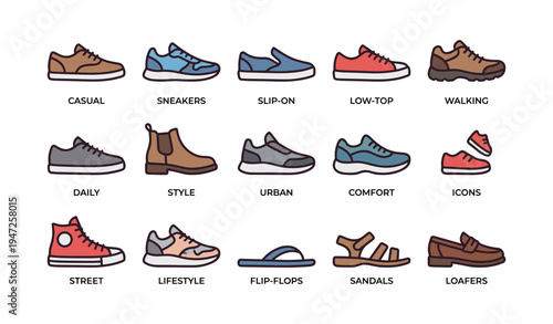 Collection of various footwear styles including sneakers and sandals