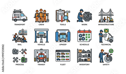 Illustrated icons of transport and maintenance - tools, crew, vehicles, infrastructure, safety