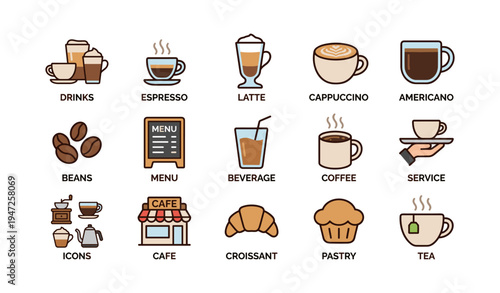Coffee icons: espresso, latte, cappuccino, americano, beans, menu, beverage, service, cafe, pastry, tea