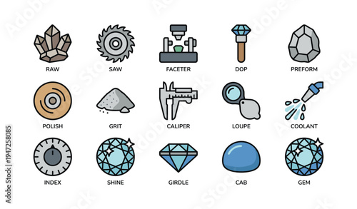Gemstone processing icons: faceting, polishing, cutting, and measuring tools