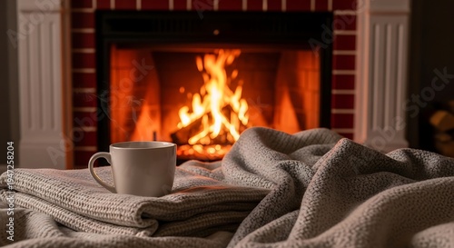 Cozy Fireplace With Cup Of Coffee Winter Home Scene