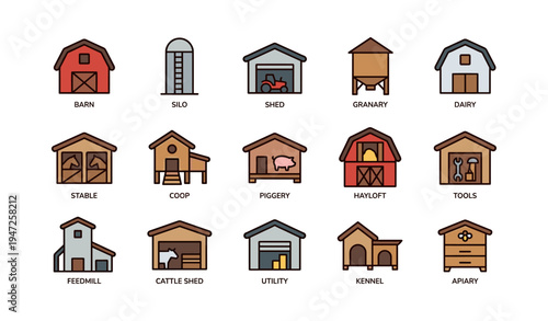 Farm buildings and structures icons - barn, silo, shed, granary, coop, hayloft
