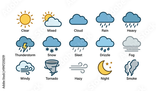 Weather icons featuring clear sun, rain clouds, snow, thunderstorm, and tornado symbols