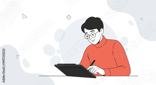 Young man with glasses drawing on tablet, digital art, creative illustration