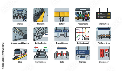 Urban subway system features including passengers, safety measures, and station design elements