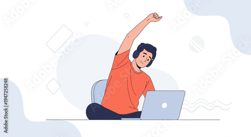 Young man stretching while listening to music on laptop, remote work, healthy lifestyle