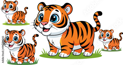 Cute Cartoon Tiger Family Vector Illustration Set with Adult and Baby Tigers Standing on Green Grass, Perfect for Children's Books, Educational Materials, and Animal-Themed Designs
