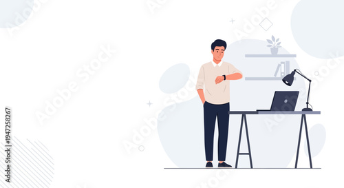 Man checking smartwatch at desk with laptop in modern office, flat design