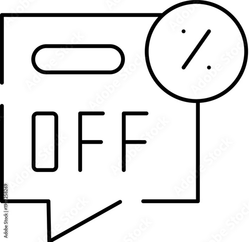 Line icon illustrating a discount offer message bubble with the word off and a percentage symbol, representing promotional deals and money saving shopping concepts