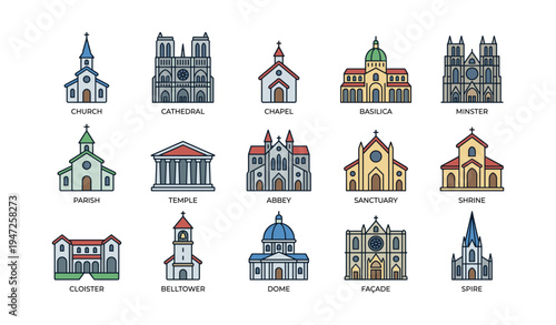 Icon set of various church architectures including cathedral, basilica, and chapel designs
