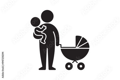 Father holding baby while pushing stroller symbolizing parenthood responsibility and childcare duties illustration