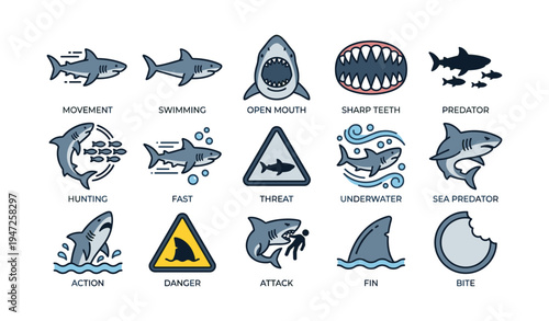 Shark icons illustrating movement, threat, and ocean predator behavior