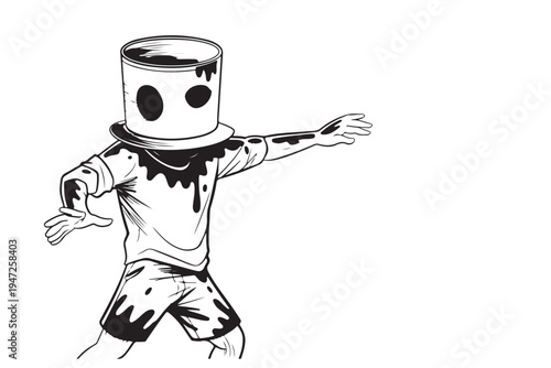 Ink monster character design vector illustration featuring humanoid figure with bucket head and black paint stains for street art and urban fashion isolated on transparent background design