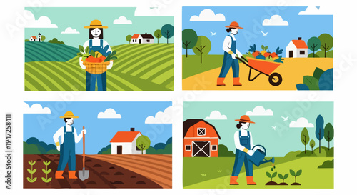 Set of 4 vector illustrations depicting farmers working in fields, harvesting crops, tilling soil, and watering plants, ideal for agriculture and farming concepts.