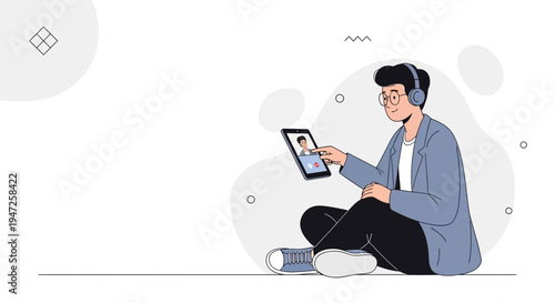 Man on Video Call with Headphones and Tablet, Remote Communication Concept