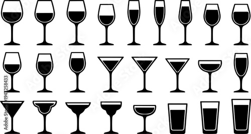 Slika na platnu Drinking glasses silhouette icon vector illustration set featuring wine, martini