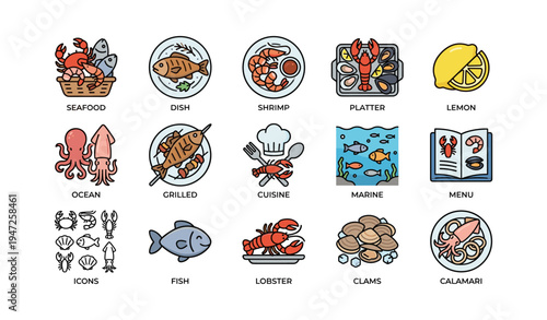 Illustrated seafood icons featuring lobster, shrimp, fish, and marine cuisine elements