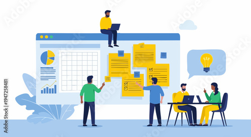 Business Team Brainstorming and Project Management on a Large Web Browser Interface with Sticky Notes, Charts, and Idea Lightbulb Icon Vector Illustration