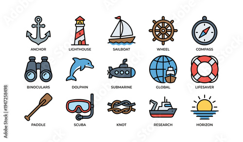 Nautical icons collection featuring anchor lighthouse sailboat and more