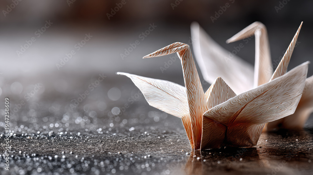 Naklejka premium White origami cranes creating a symbol of hope and peace, expressing wishes for harmony, remembrance, and health on a sparkling, reflective surface