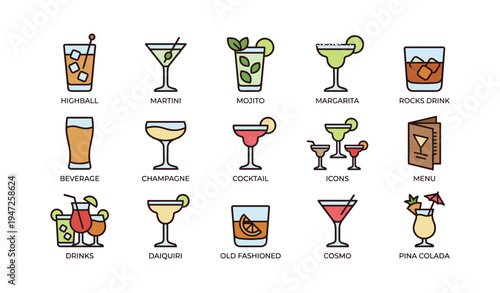 Variety of cocktail drinks with colorful icons including martini and mojito