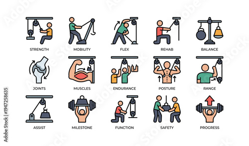 Illustrated workout icons depicting various fitness activities and concepts