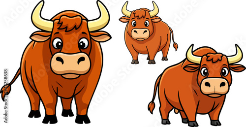 Cute Cartoon Bull Vector Illustration Set Featuring Three Brown Bulls with Horns in Various Poses, Ideal for Children's Books, Educational Content, or Farm Animal Themes