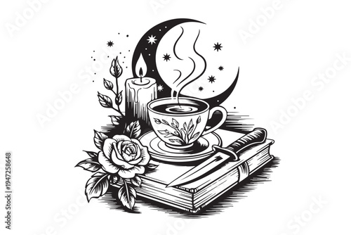 Mystical tea cup with moon and stars for gothic lifestyle concepts featuring lit candle and dagger on old book with rose flower illustration in vintage hand drawn woodcut engraving style