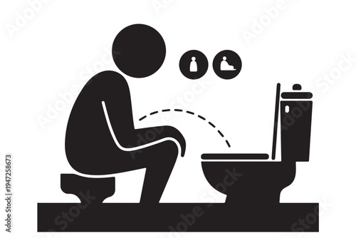 Person squatting over toilet indicating urgency to urinate with thought bubbles suggesting need