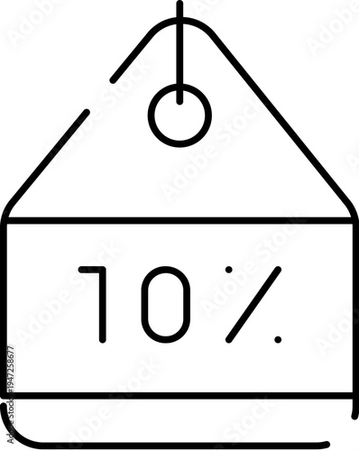 Simple black line icon illustrating a sale price tag with the number ten percent, communicating concepts of retail offers, shopping promotions, and special deals for consumers