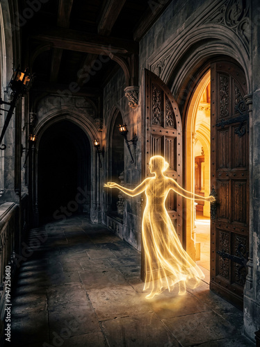 Glowing golden silhouette holding open a massive dark oak door in a hallway, representing professional courtesy and executive presence.