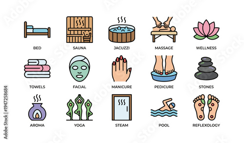 Spa icons: bed, sauna, jacuzzi, massage, wellness, towels, facial, manicure, pedicure, yoga