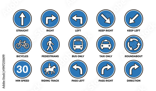 Traffic road signs collection featuring directional and control indicators