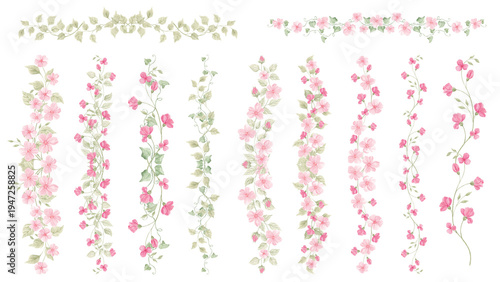 Watercolor pink frame, floral elements. Floral frames in baroque style. Summer composition. Pink borders. Wedding border. Watercolor small pink field flowers. Set of floral frames.