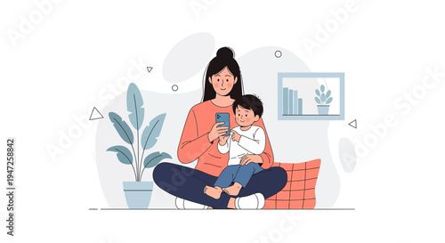 Mother and child using smartphone, modern illustration, home interior, family bonding