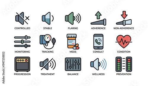 Medical and health icons including meds, monitoring, and condition management graphics